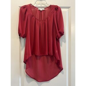 XXI Blouse Top Womens Small Red Sheer Chiffon Pleated Puff Sleeve High Low Hem